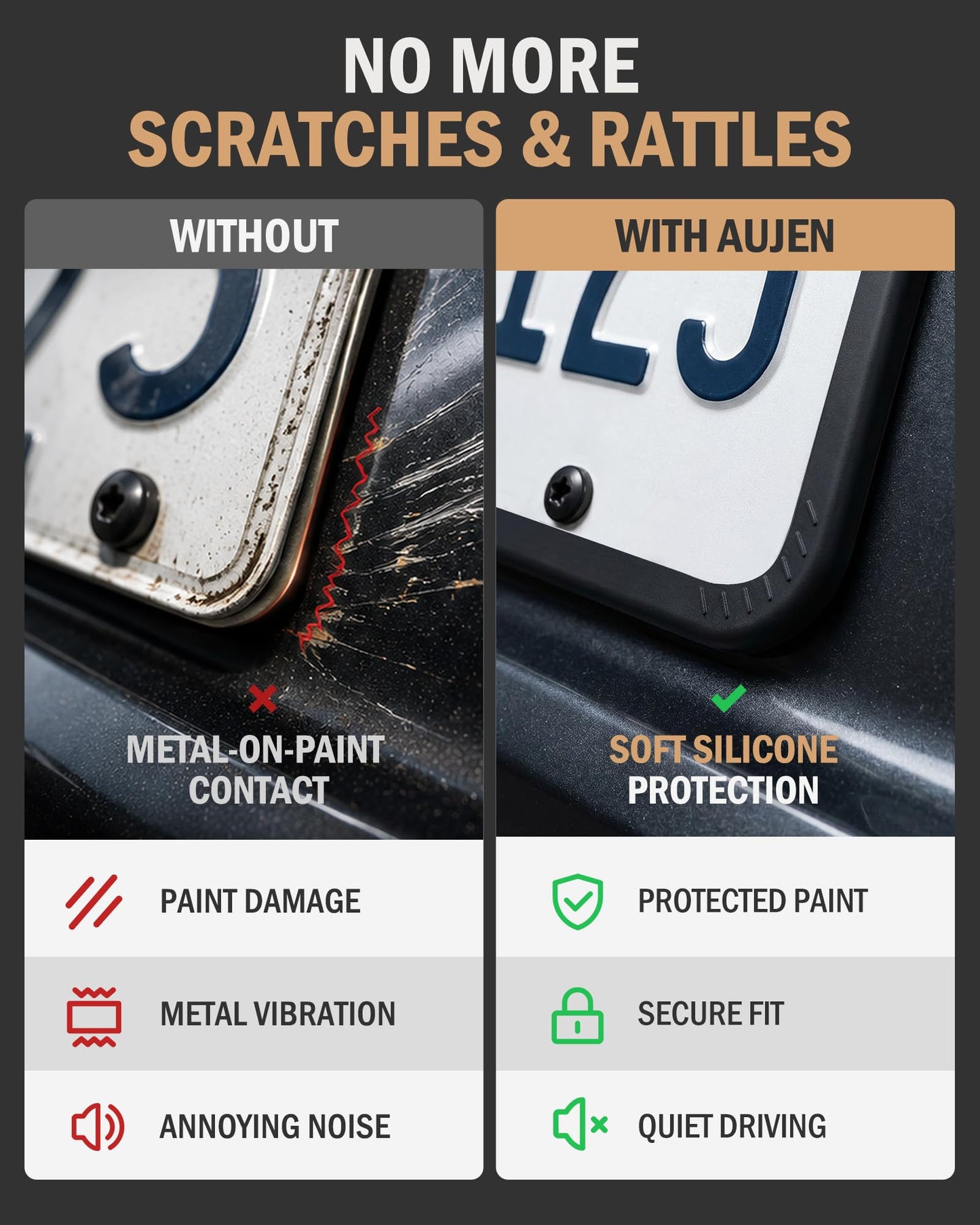 Aujen Silicone License Plate Frame – 2 Pack, Black – Rust-Proof & Weatherproof