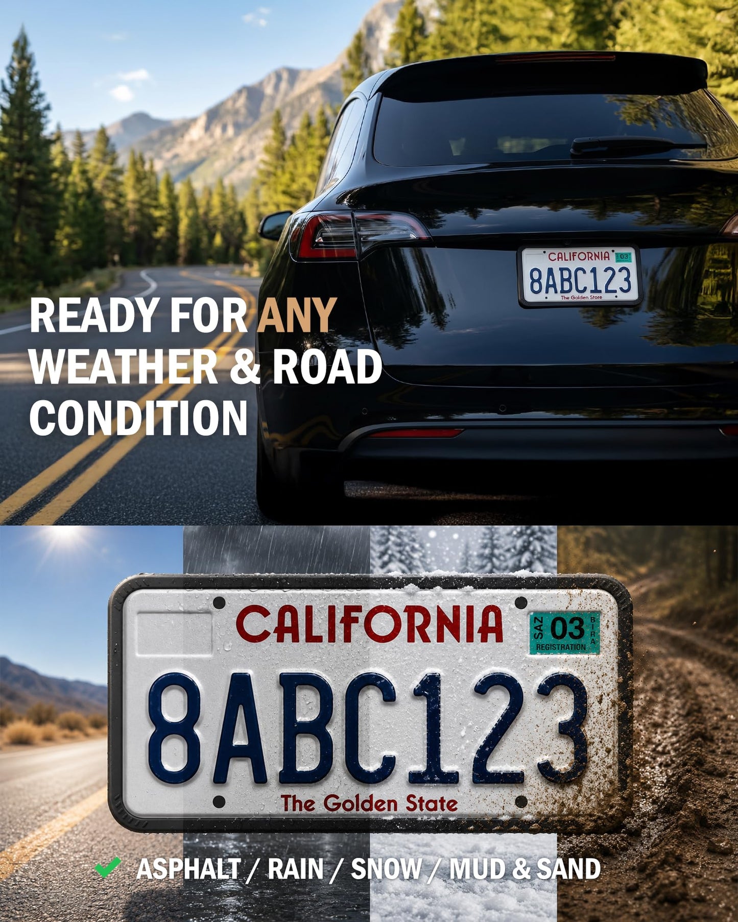 Aujen Silicone License Plate Frame – 2 Pack, Black – Rust-Proof & Weatherproof